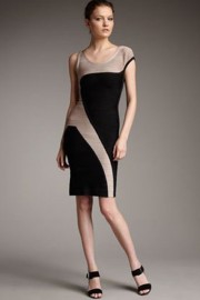 Черно-бежевое ассиметричное платье Herve Leger
