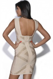 Бежевое бандажное платье украшенное стразами Herve Leger