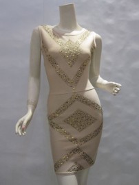 Бежевое бандажное платье украшенное стразами Herve Leger