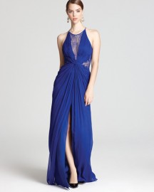Длинное вечернее синее шелковое платье с кружевом BCBG MaxAzria