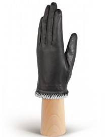 Перчатки женские кожаные с мехом подкладка из шелка IS09304 black/grey (Eleganzza)