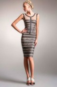 Узкое бежевое платье-футляр с прозрачными вставками Herve Leger